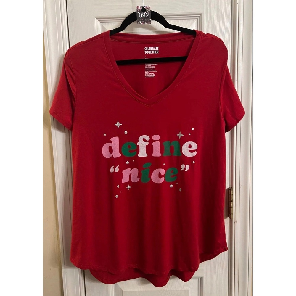 Celebrate Together Red Define Nice Christmas Graphic V-Neck Tee LargR